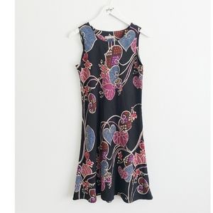 Hilo Hattie Silk Black Floral Midi Dress Small Flared